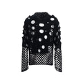 Black men's loose fit hoodie with pearl decorations on the hood, showing thin hollow knit construction.