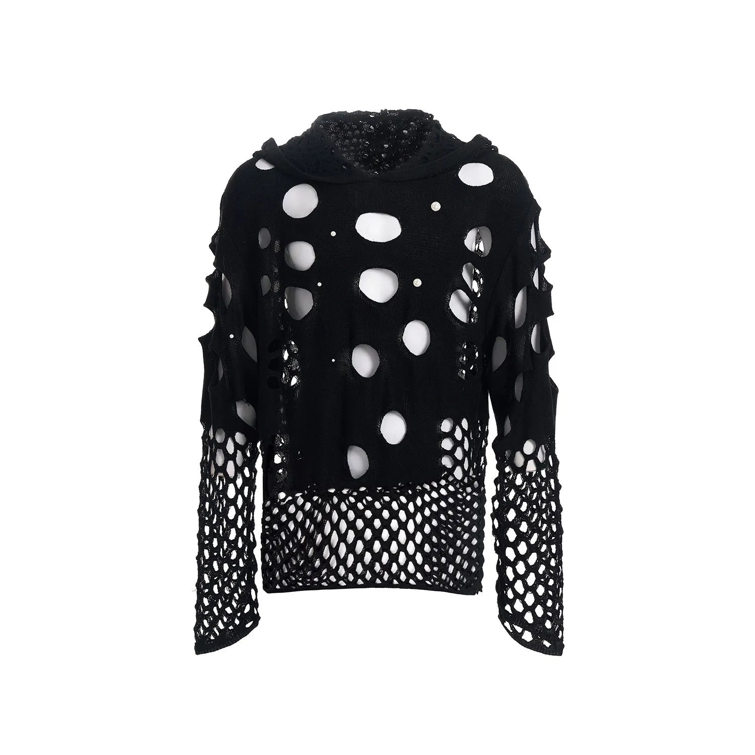 Black men's loose fit hoodie with pearl decorations on the hood, showing thin hollow knit construction.
