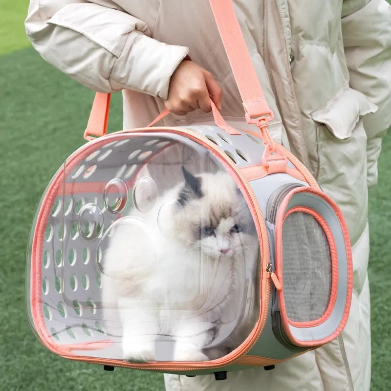 Transparent space capsule backpack for cats showing hard EVA construction and large carrier dimensions