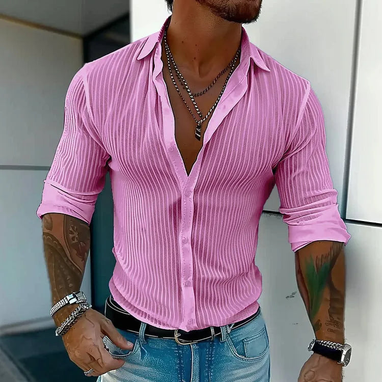 Men's striped long sleeve cardigan shirt in a loose British style fit, showing 3D pattern detail.