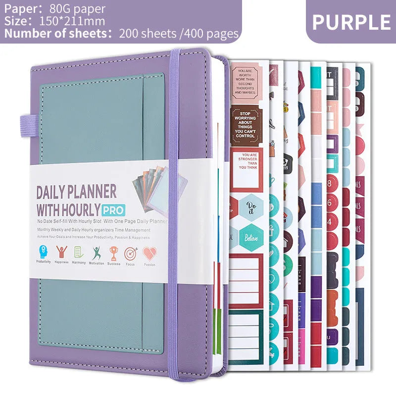 A5 undated notebook with PU cover in purple, open to show thread binding and wood-free paper.