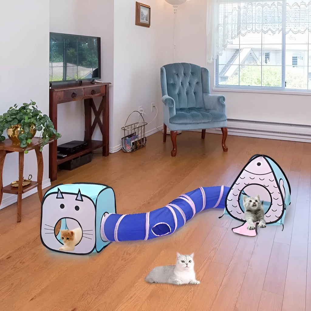 Foldable pet tent tunnel toy set in cat and fish design with three connected sections