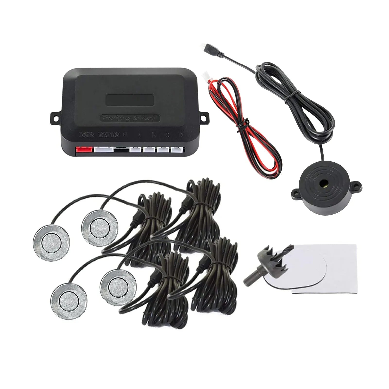 4-probe car reversing radar kit with sensors, command module, and installation tools