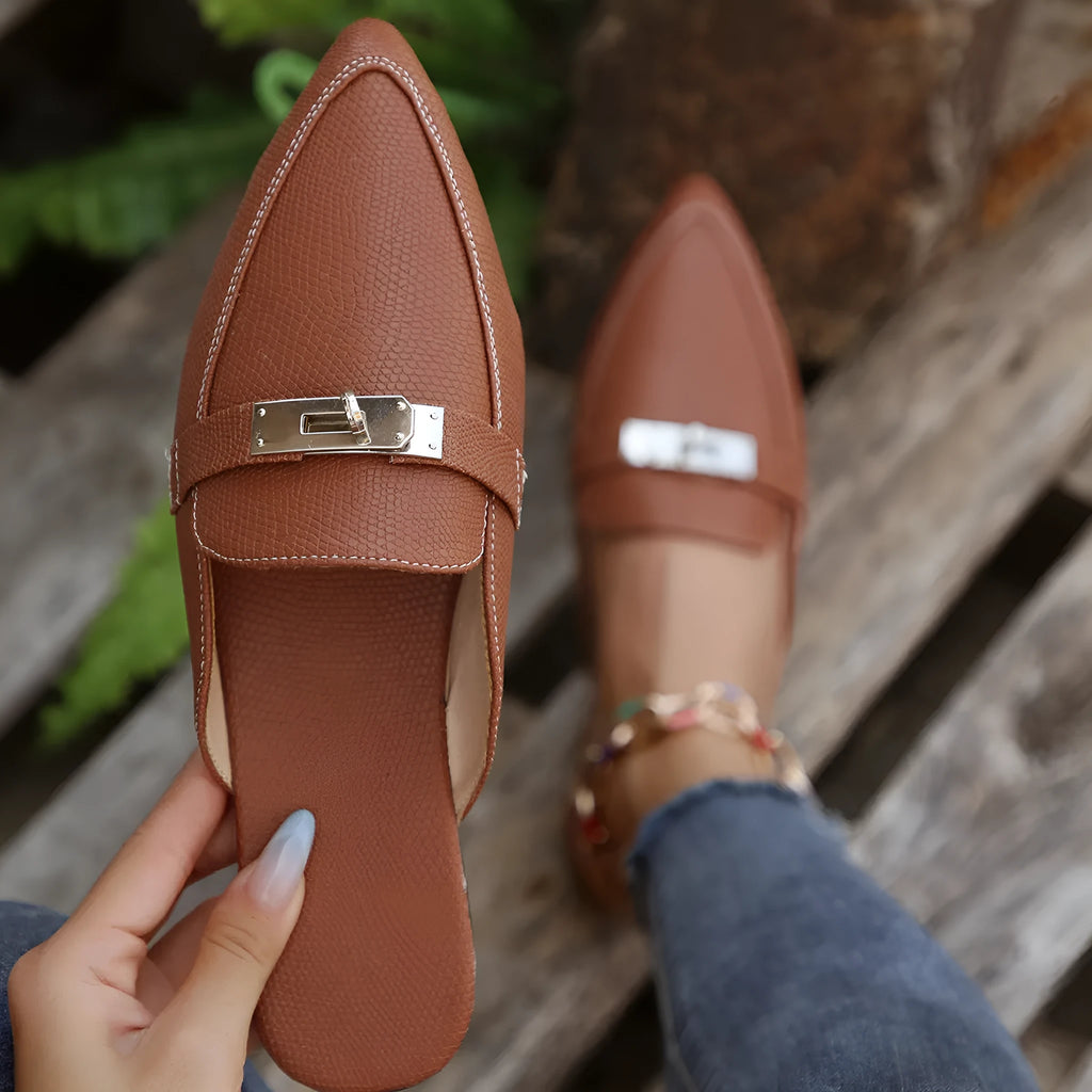 Light brown women's pointed-toe casual semi-slippers with a PU upper and rubber sole.