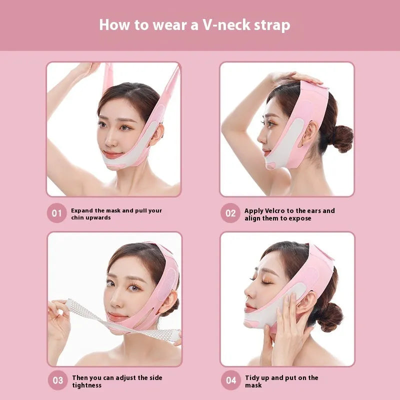 Pink and black elastic V-shaped face bandage for facial contour support