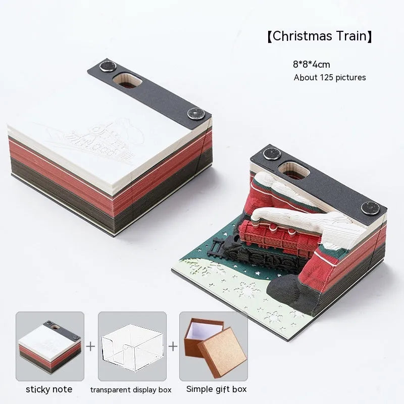 3D paper carving sticky notes depicting Qingshui Temple with a Christmas train design on the cover.
