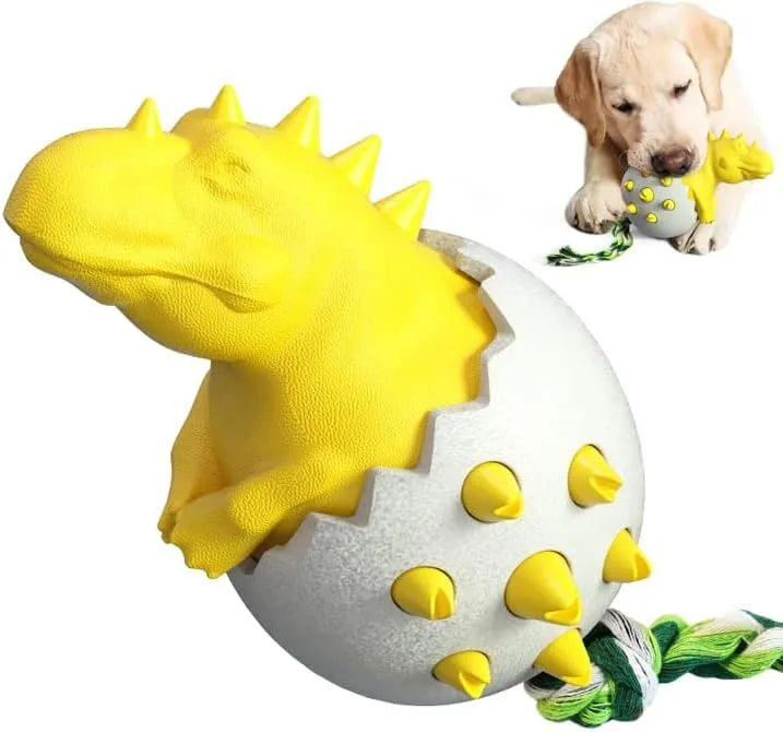 Blue durable rubber dog chew toy with dino design, rope, and textured surface for aggressive chewers.