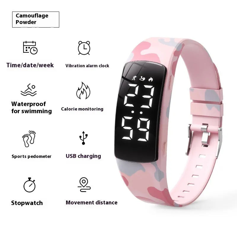 Waterproof vibration alarm clock watch with black silicone strap and LED display showing time