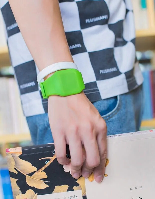 Square electronic watch with touch screen, plastic case, PU strap, and stainless steel buckle in multiple colour options