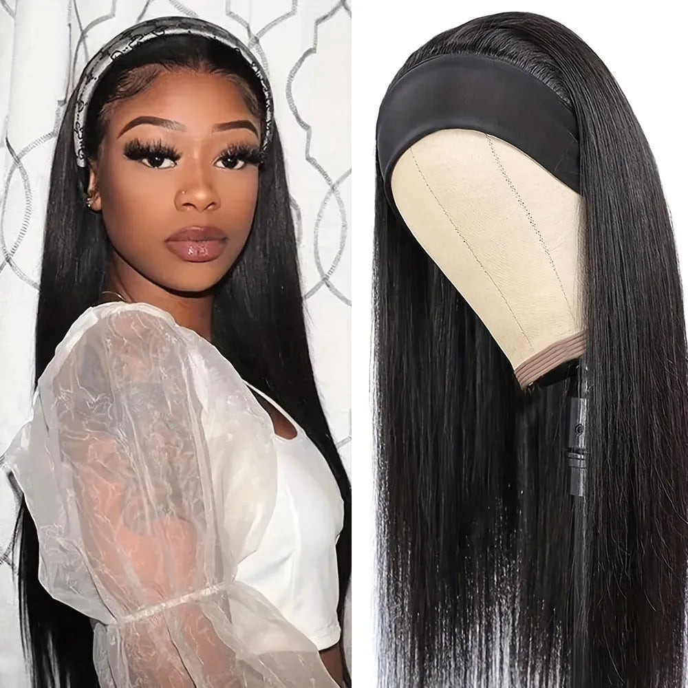 Headband wig with long high temperature fibre hair in headscarf style, shown in black straight, black curly and wine red colour options