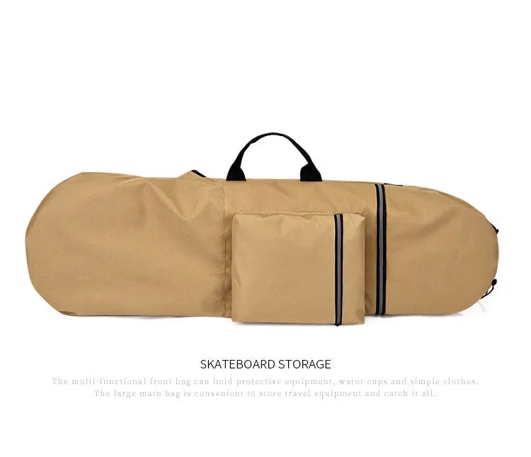 Waterproof nylon skateboard backpack with 20-35L capacity shown in camouflage colour option