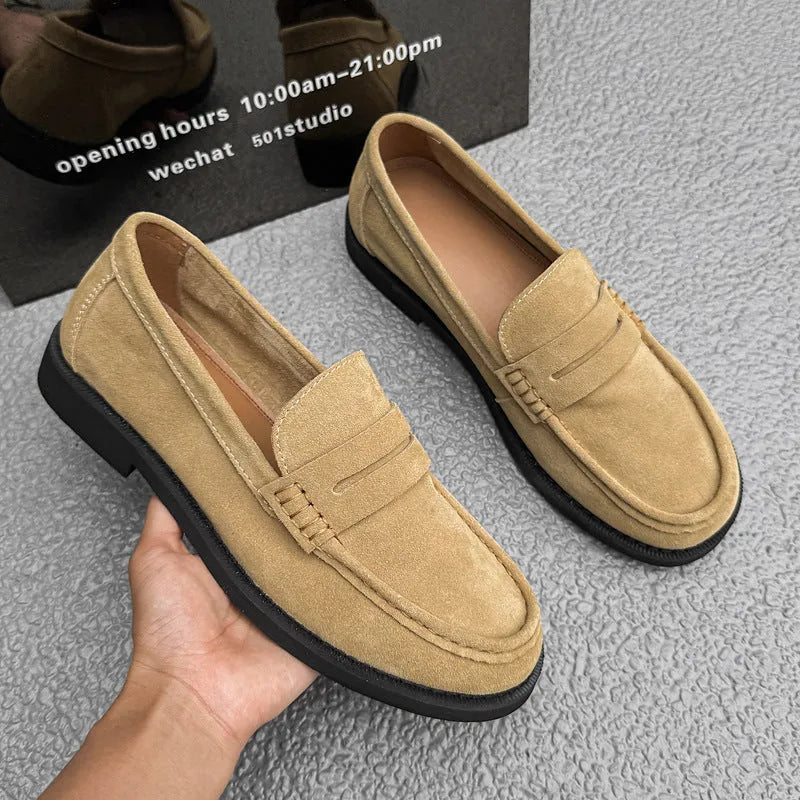 Men's slip-on casual shoes in beige with a microfiber upper and rubber sole