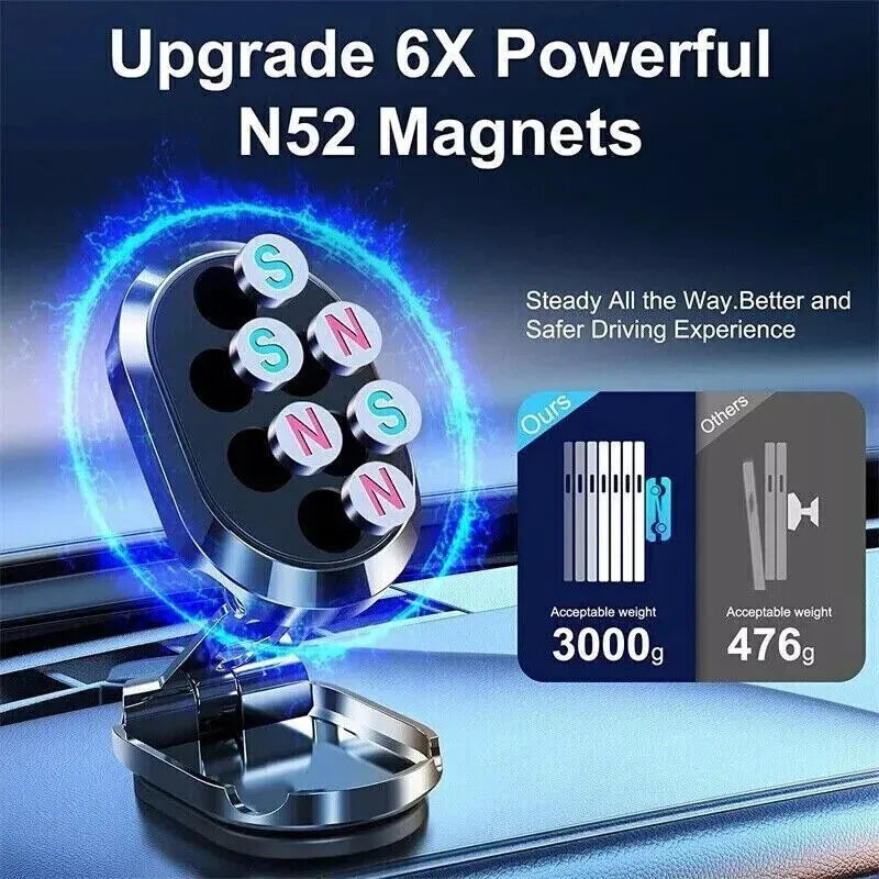 Chrome folding magnetic car phone holder with 360-degree swivel on car dashboard