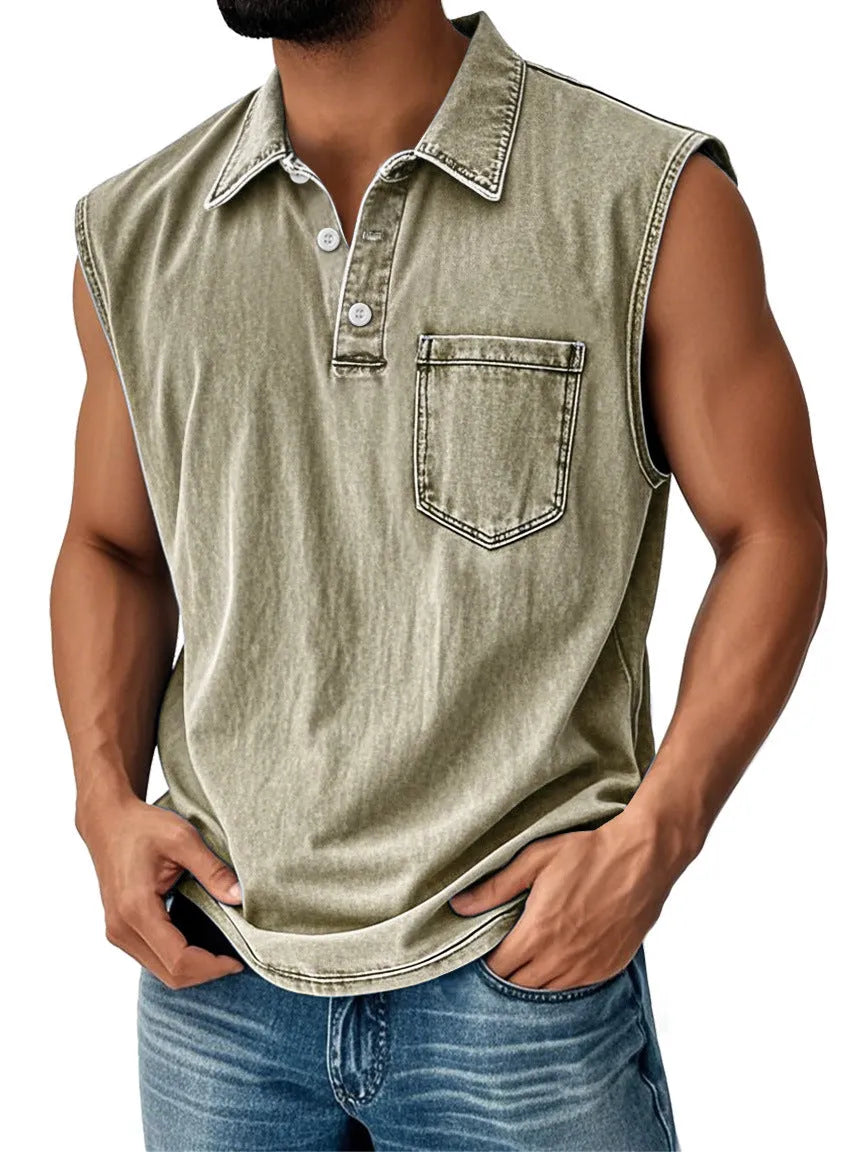 Man wearing a loose-fit short-sleeve polo shirt with a 3D digital print design.