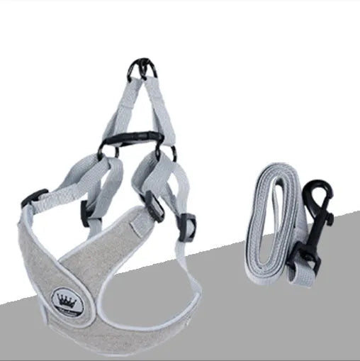 Adjustable mesh dog harness with metal back ring in blue, grey, red or yellow with matching leash