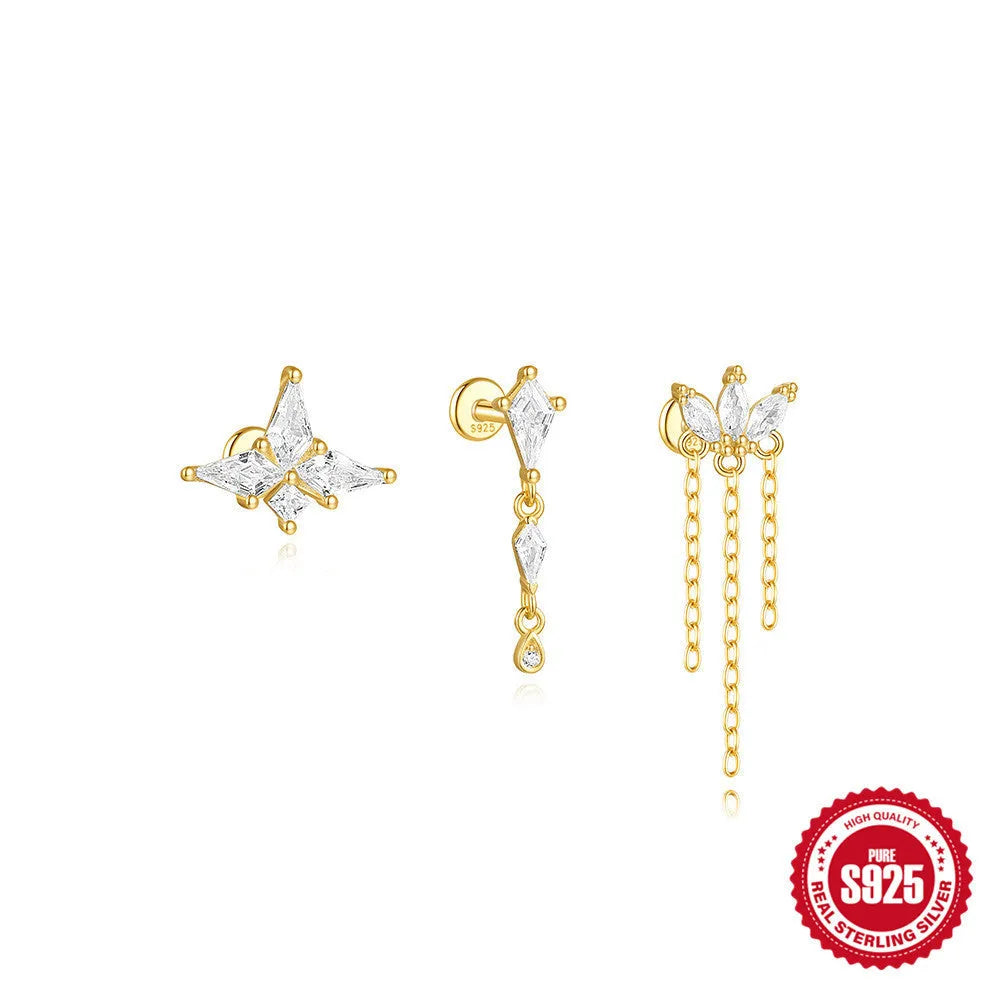 S925 sterling silver geometric kite earrings with rhinestones and chain tassel in gold tone