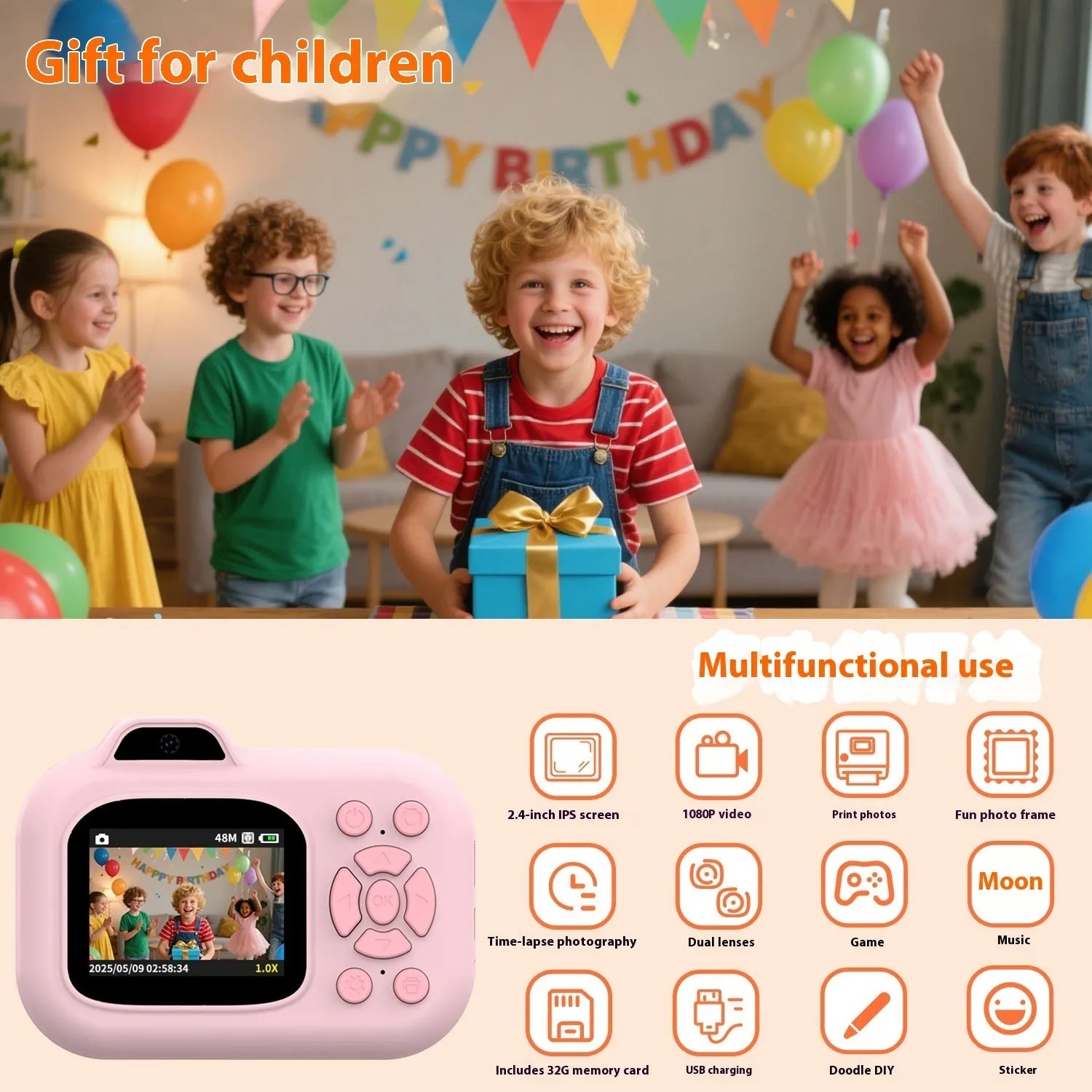 Children's plastic digital toy camera in pink, blue, or purple colour with screen, showing photo sticker function and games.
