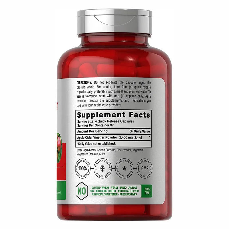 Bottle of 150 apple cider vinegar health supplement capsules on a white background.