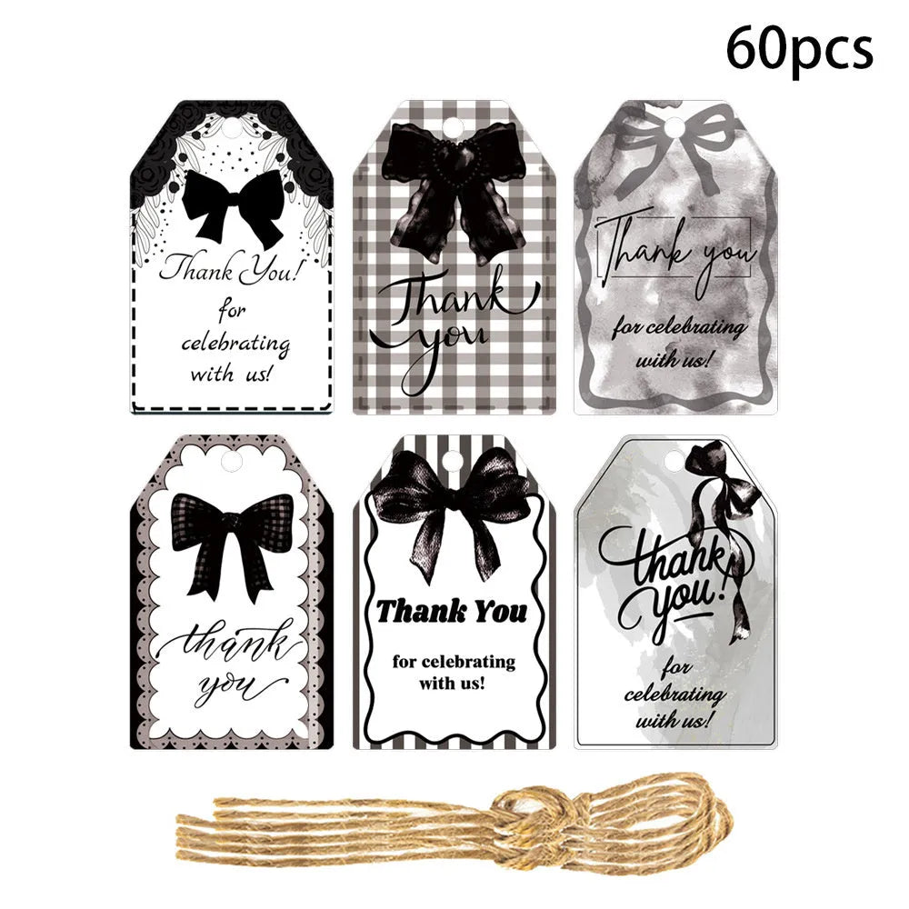 60 birthday party gift tags with bowknot designs in three styles including hemp rope