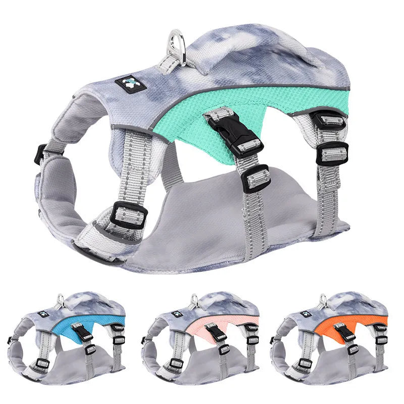 Reflective pet cooling chest strap in light blue colour with adjustable sizing options