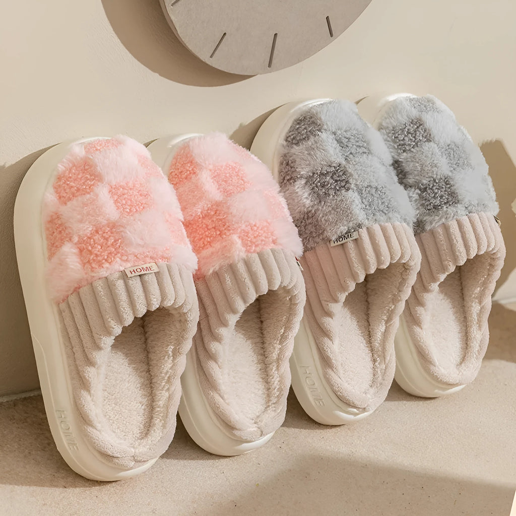 Women's plaid plush indoor slippers with coral velvet upper and non-slip PVC sole in multiple colours