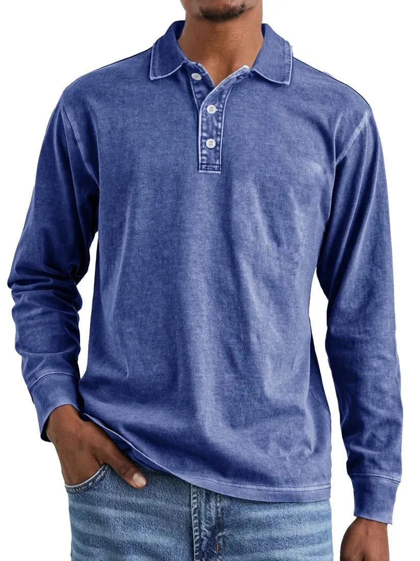 Retro washed pure cotton polo shirt with a distressed lapel and long sleeves on a hanger.