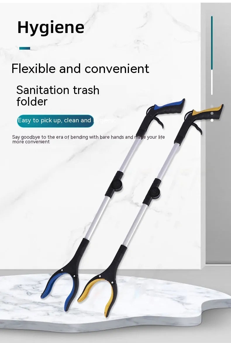 Folding silver and blue trash pick-up tool shown extended and collapsed, with magnet on clamp head.