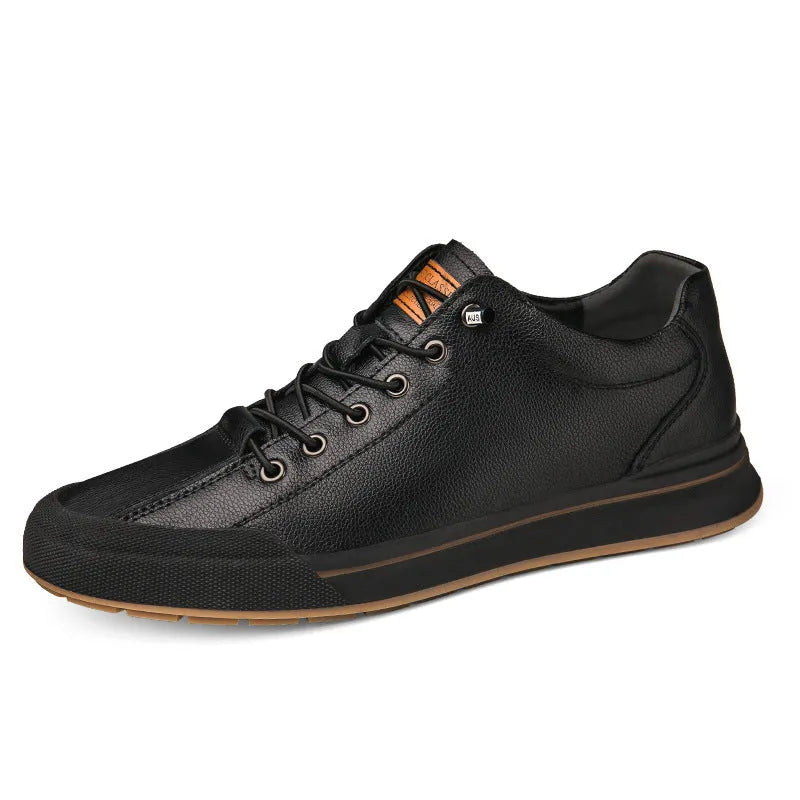 Men's white and black matte leather casual shoes with flat heels and round toes, showing hollow-out and fleece-lined style options.