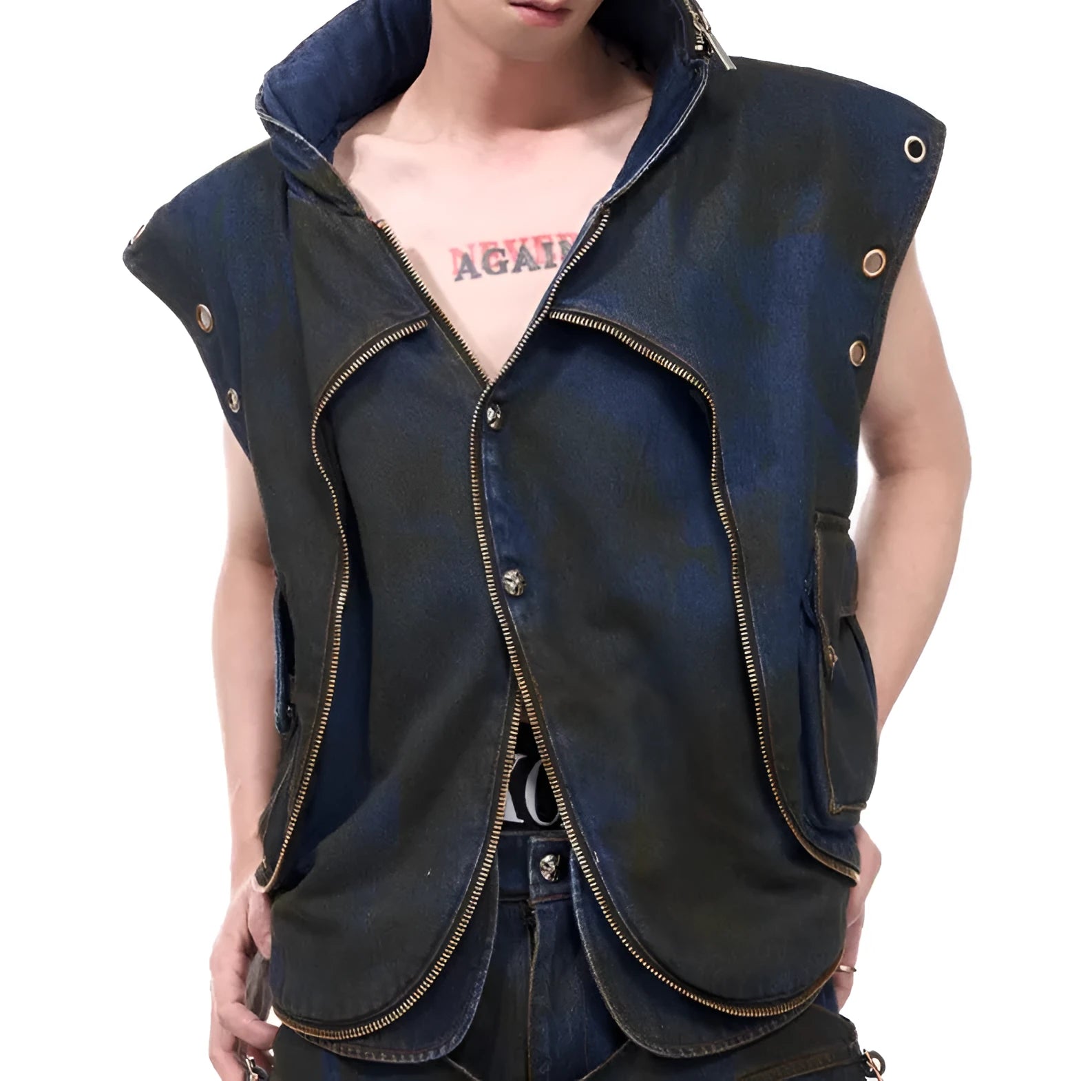 Blue Korean style hooded denim vest coat with matching trousers, front zip closure.
