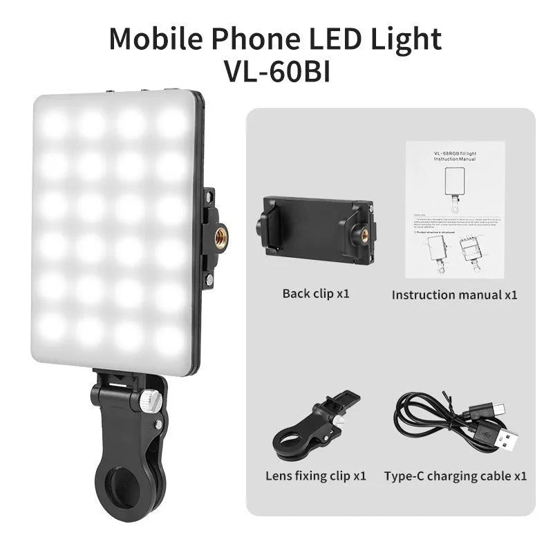 Handheld pocket LED fill light with clip attached to a smartphone for video lighting.