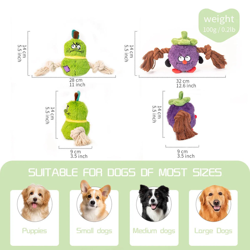 Green and purple plush rope knot dog toy with squeaker for tug of war and chewing.