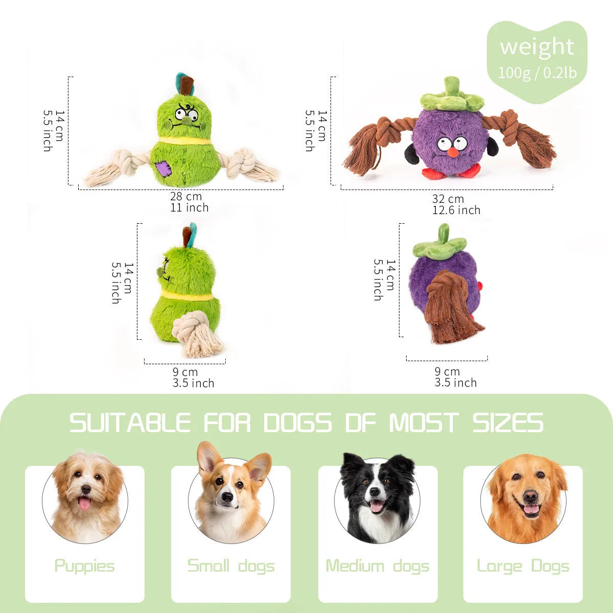Green and purple plush rope knot dog toy with squeaker for tug of war and chewing.