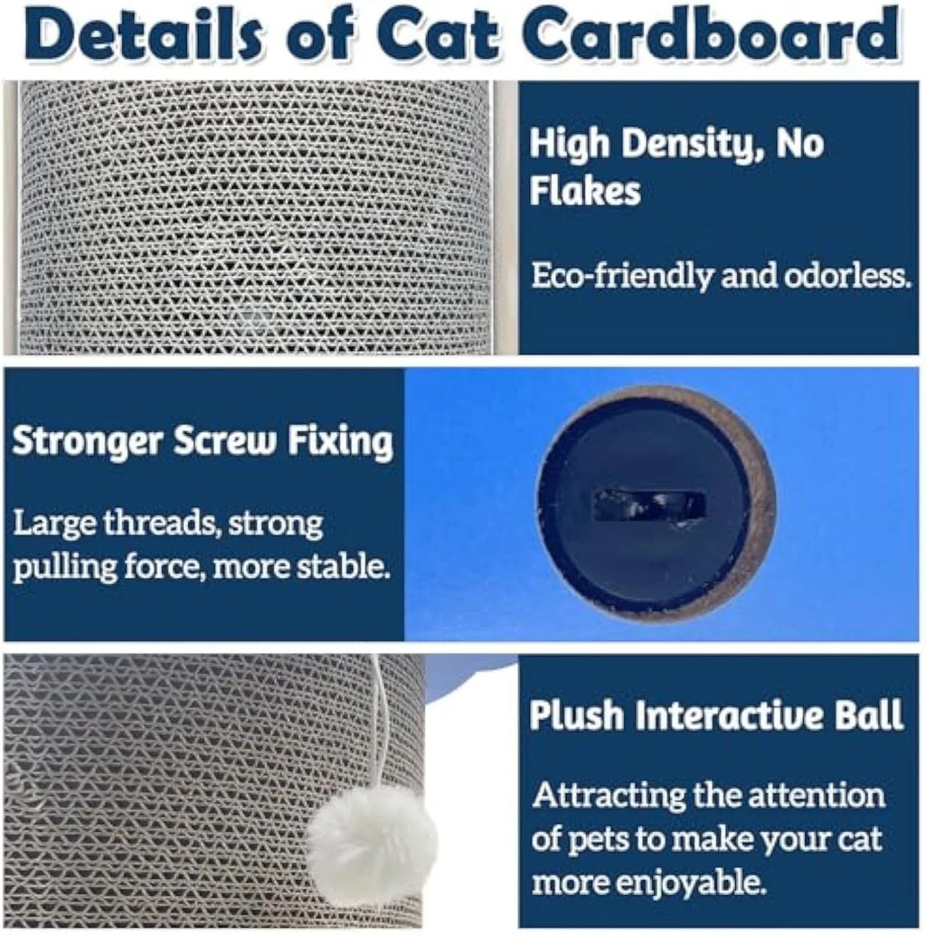 Grey cardboard corner cat scratcher with hanging ball mounted in a room corner.