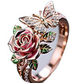 Adjustable butterfly personality ring with colourful oil drip effect and rose flower detailing