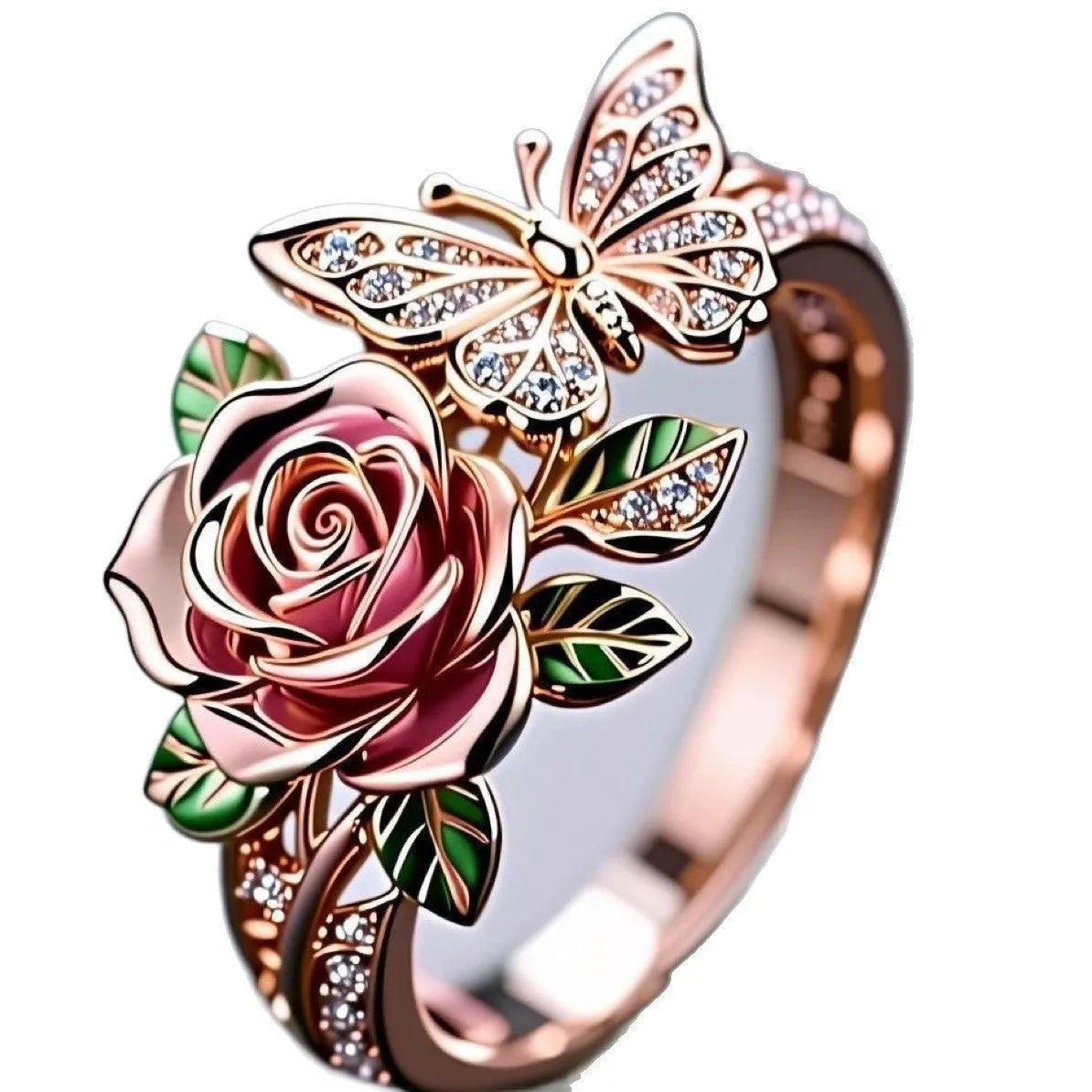 Adjustable butterfly personality ring with colourful oil drip effect and rose flower detailing