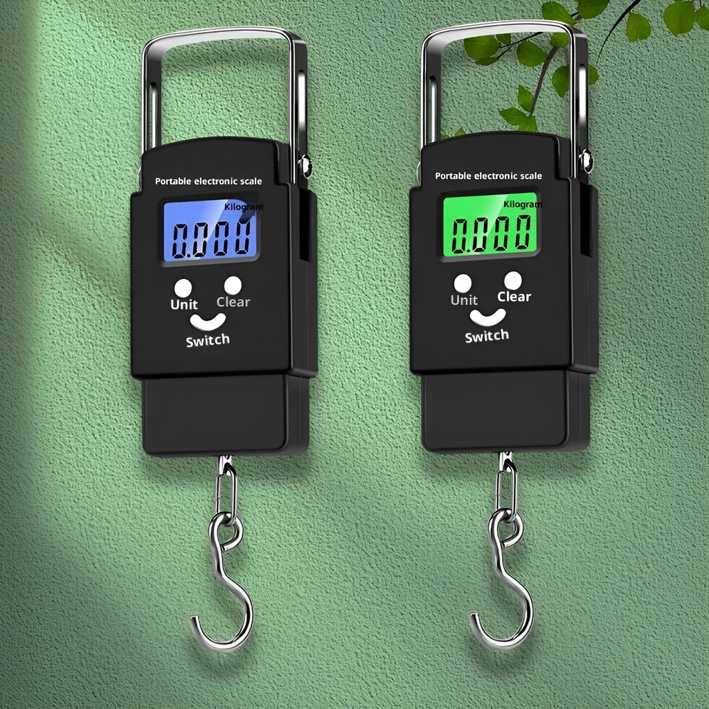 Mini handheld plastic electronic scale with blue backlight display, 50kg capacity