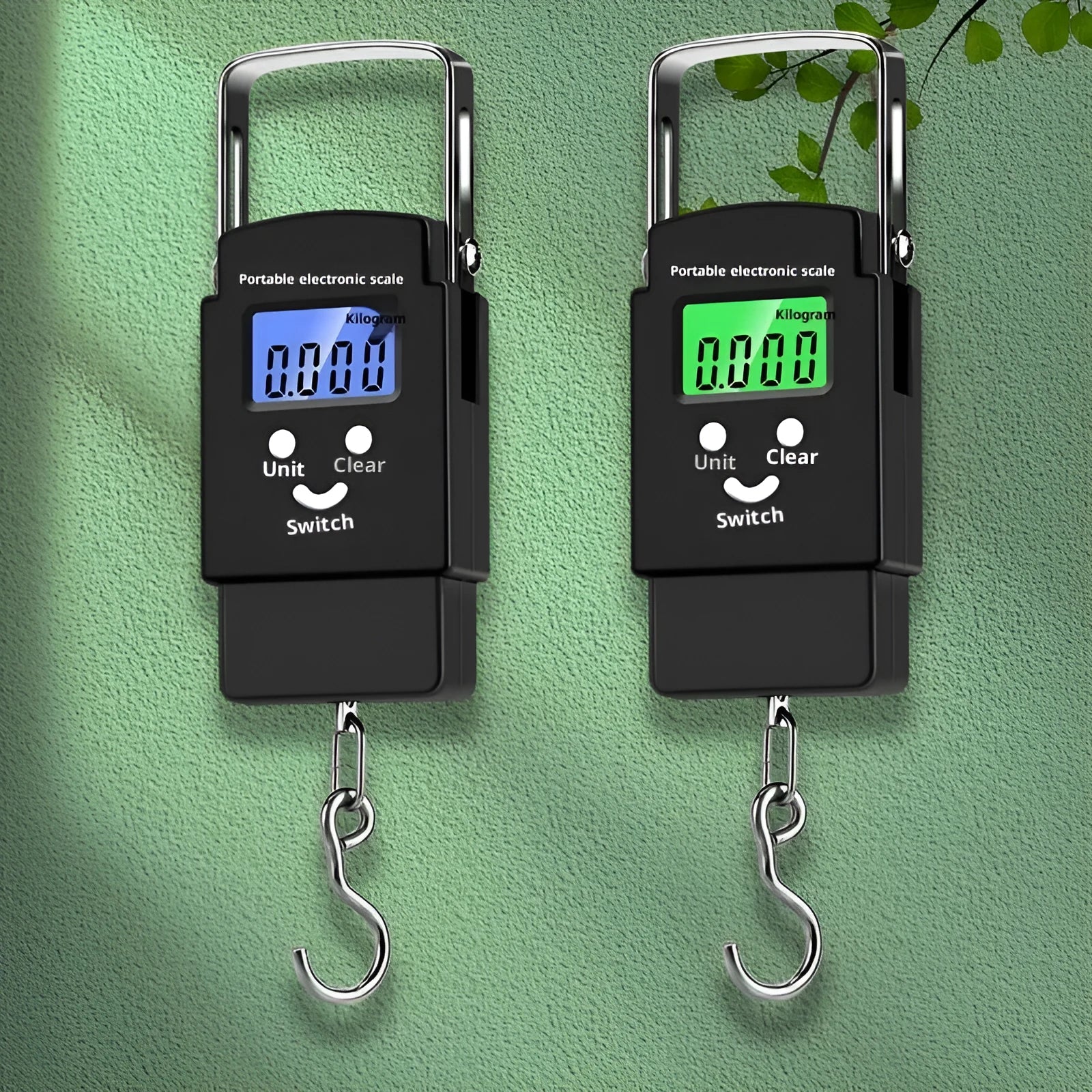 Mini handheld plastic electronic scale with blue backlight display, 50kg capacity