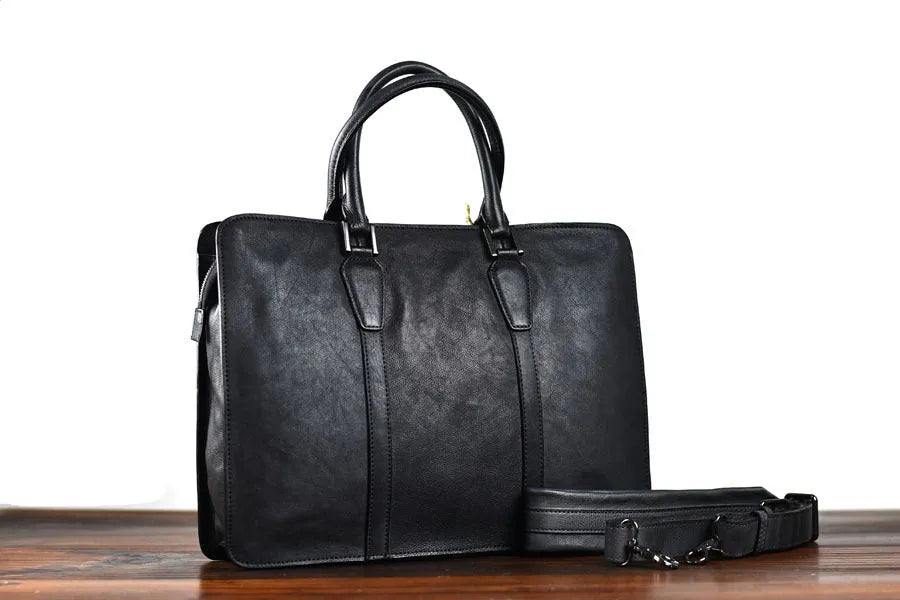 Men's 14 inch horizontal leather handbag in vegetable tanned cowhide with zipper closure