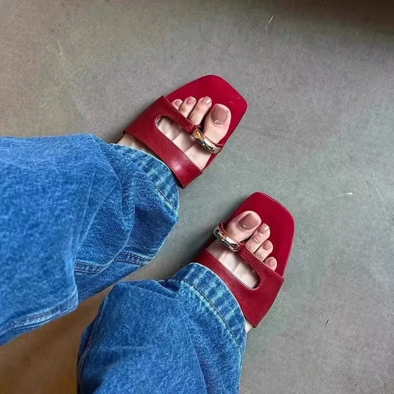 Plus size square head leather slippers with rubber sole in black, red, silver, or white colours