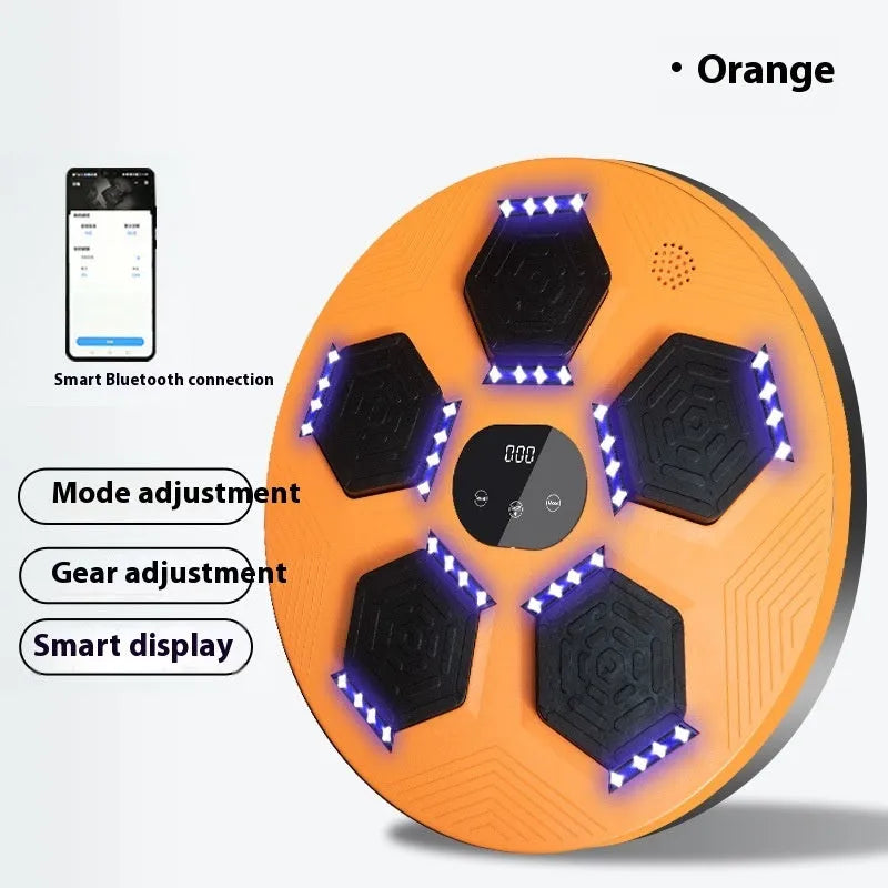 Smart wall-mounted boxing reaction target with LED lights on a grey PU surface.