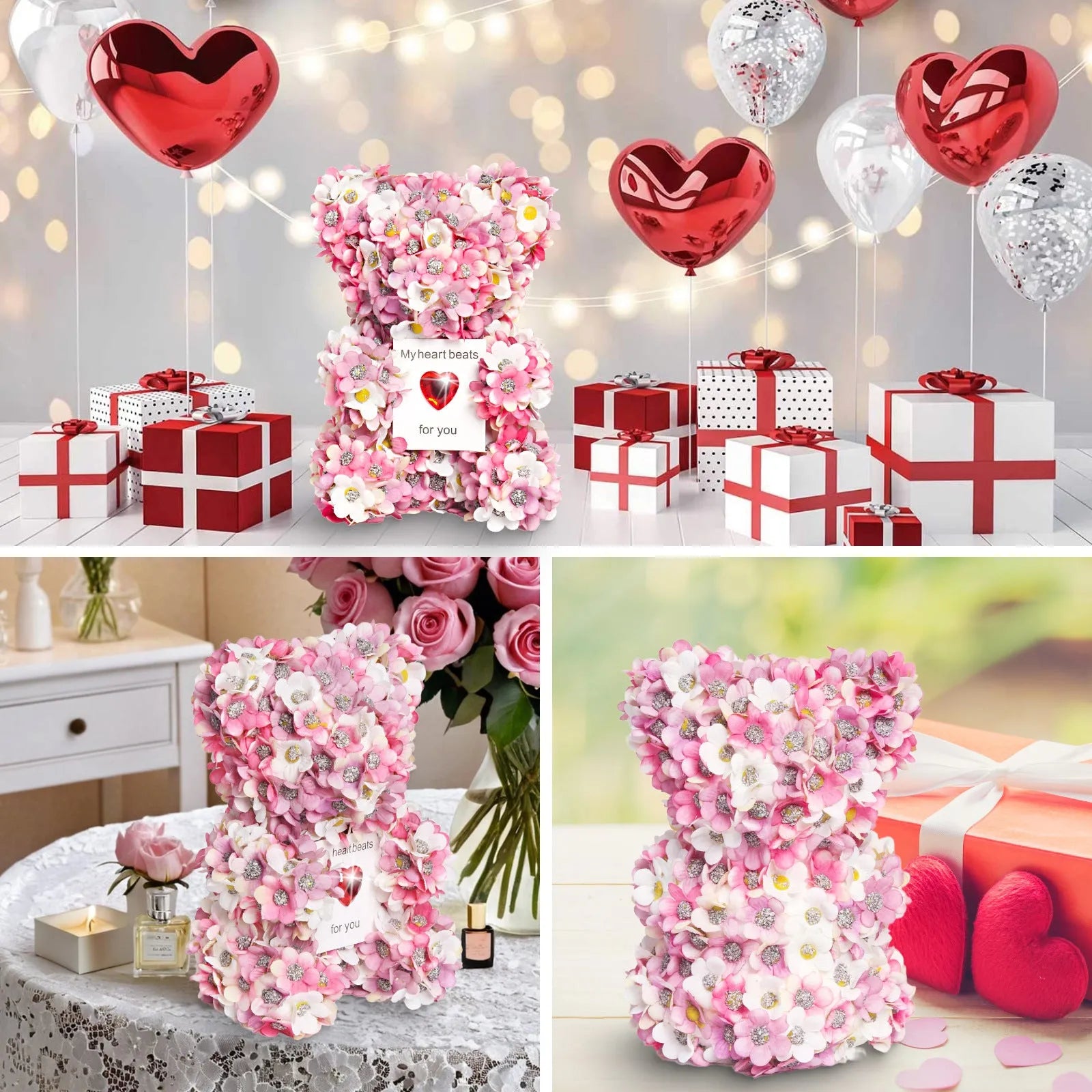 Pink artificial rose bear handmade gift ornament with polyester foam construction 17cm