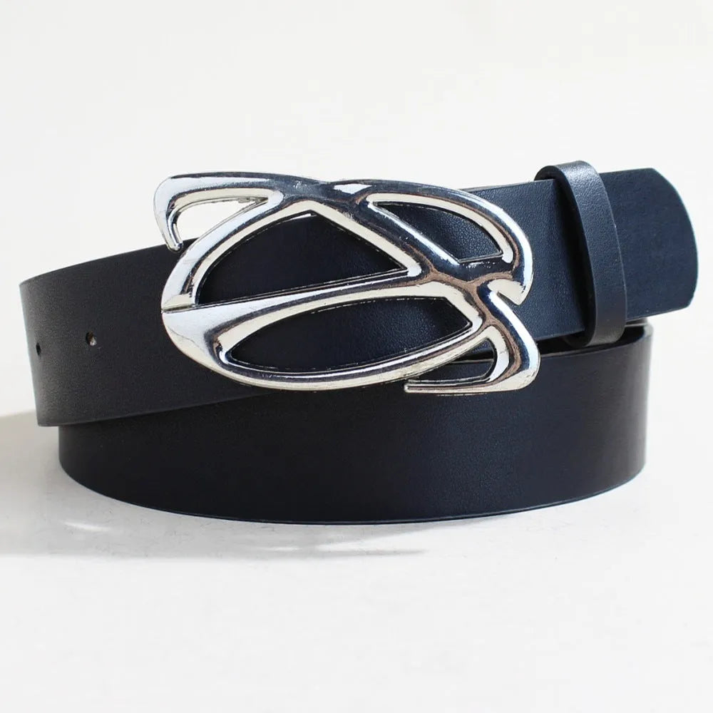 Casual silver buckle belt with PU leather strap in 105cm length and 3.3cm width