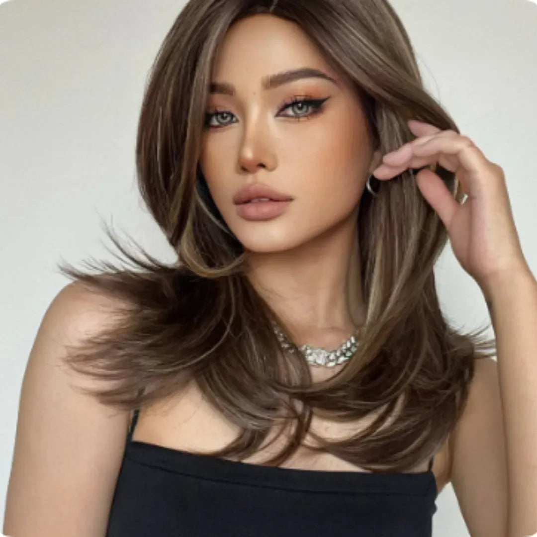 Mid-length curly synthetic wig with bangs in a wine red, brown, and white gold gradient colour.