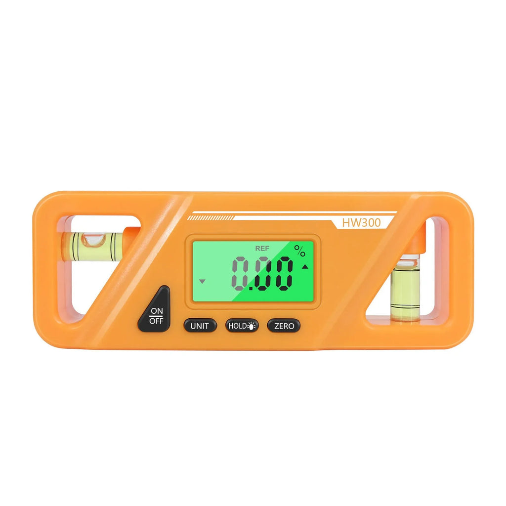 HW300 digital magnetic inclinometer angle gauge showing display and compact 115mm size