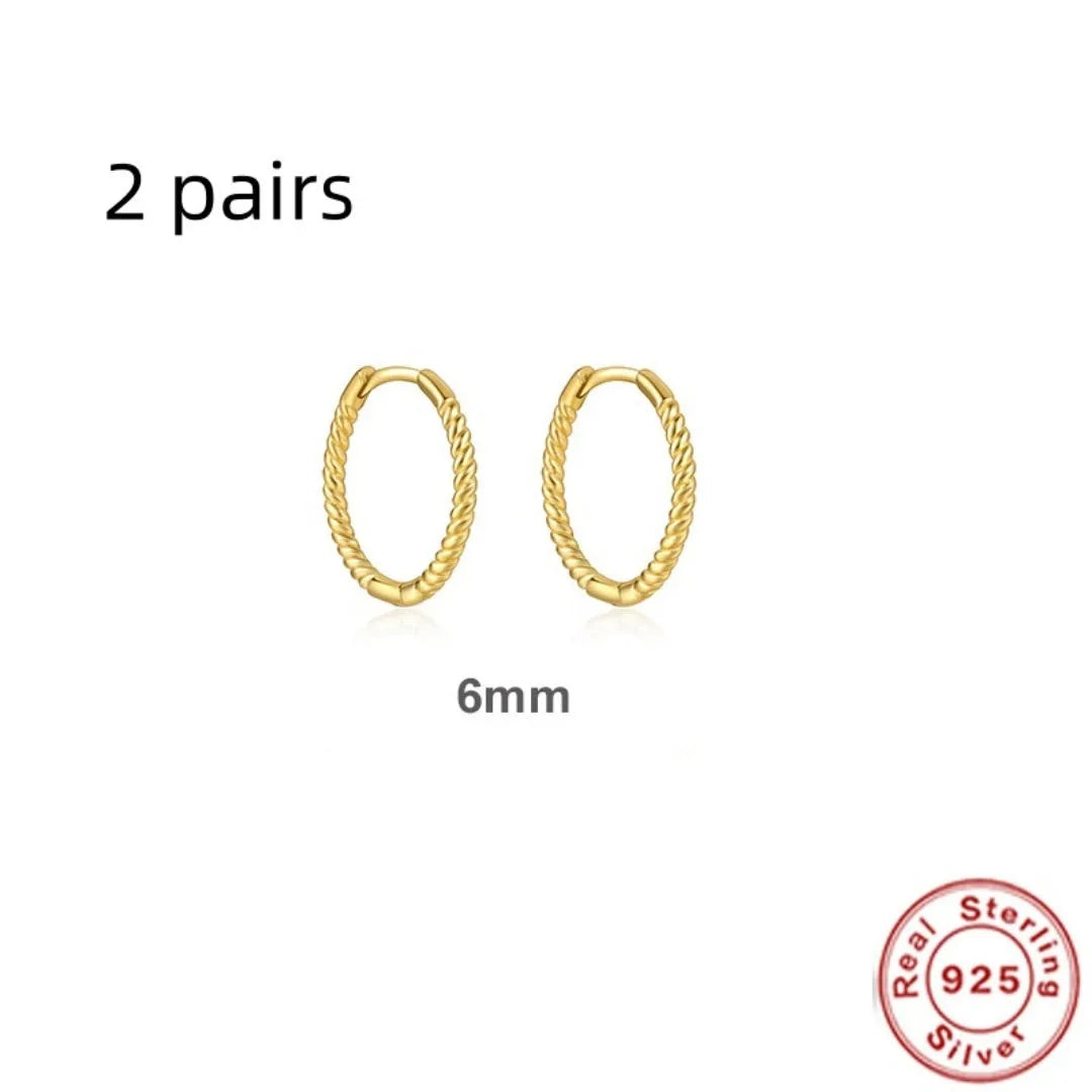 Sterling silver twisted hoop earrings with geometric round shape in gold electroplated finish