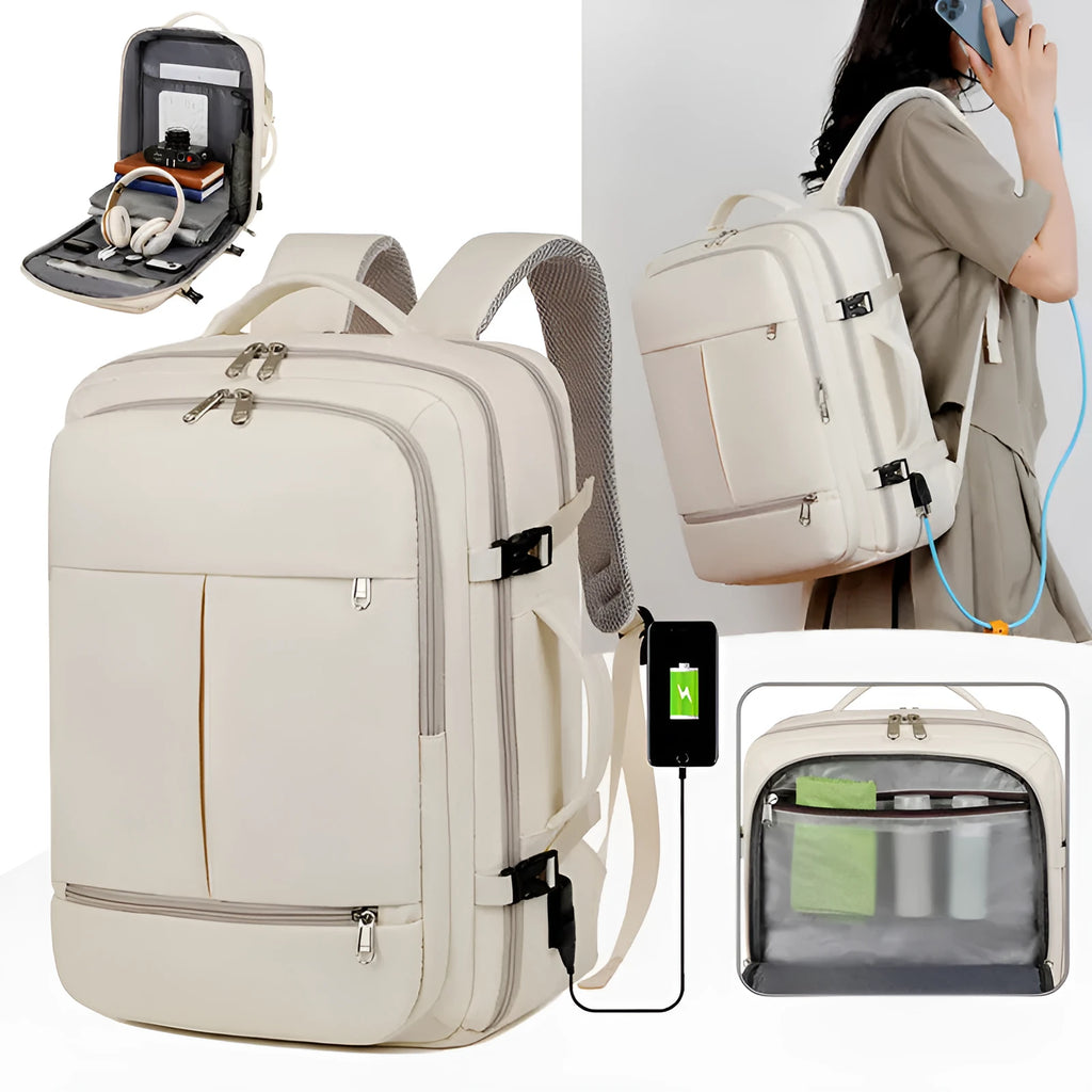 Large waterproof oxford cloth backpack for business travel with multiple pockets, shown in available colours.