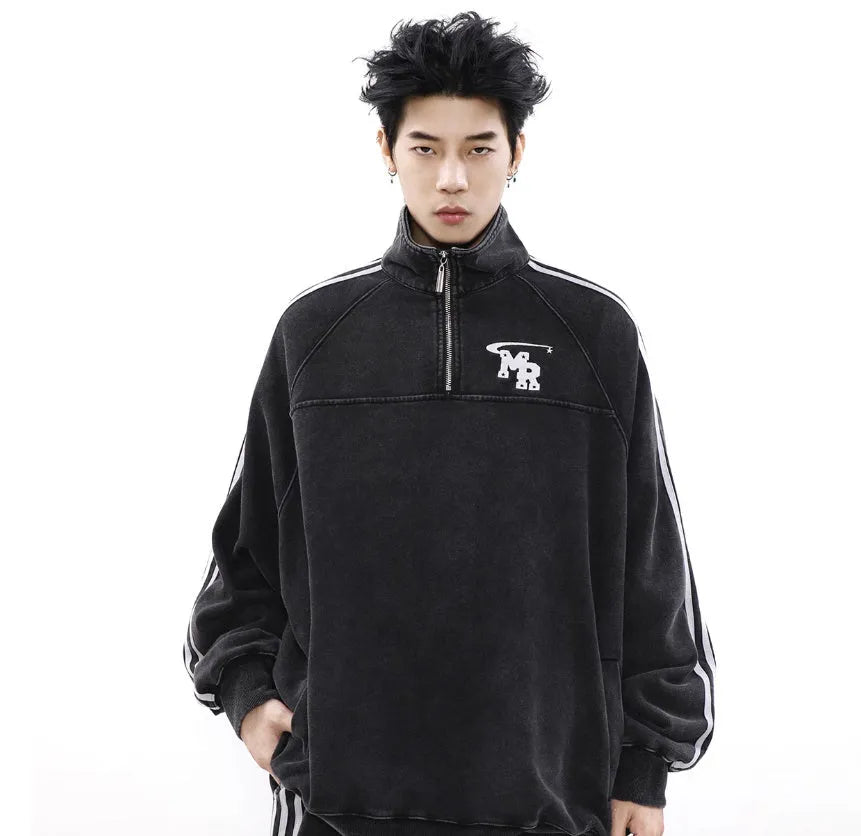 Black Hong Kong style retro sports hoodie with stand collar and long sleeves