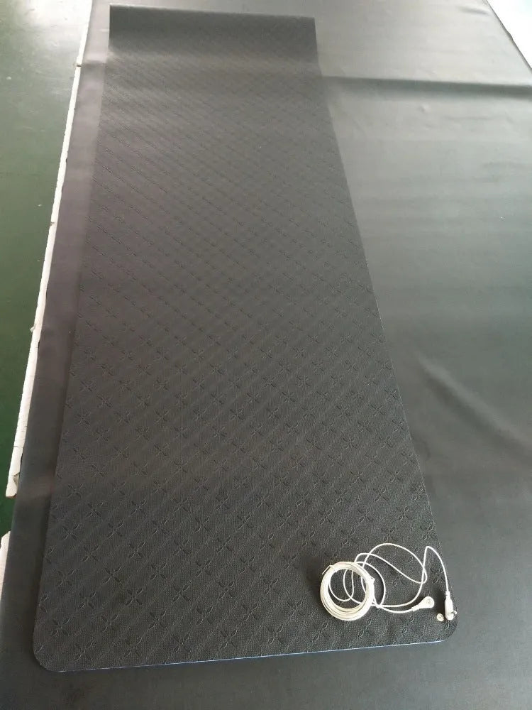 Blue conductive grounding yoga mat with plant pattern and grounding wire, size 182x61cm.