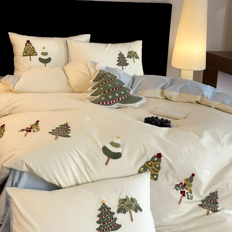 Pure cotton four-piece bedding set with Christmas tree embroidery in cream blue and green colours