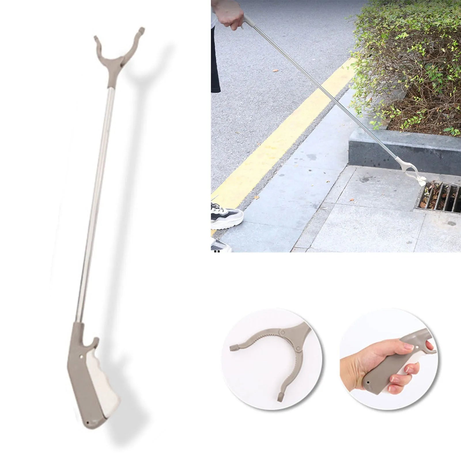 Stainless steel garbage picker pliers with extended 40cm reach and push-type handle for one-handed operation